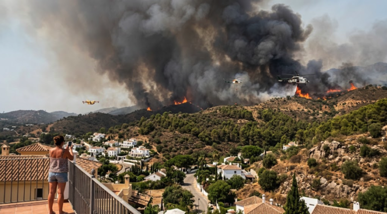 Incendio forestal en Benahavís con una gran columna de humo sobre las colinas de Málaga