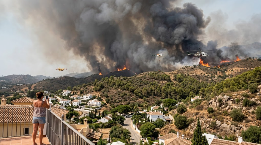 Incendio forestal en Benahavís con una gran columna de humo sobre las colinas de Málaga