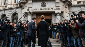 Ilustración sobre el juicio de Begoña Gómez por tráfico de influencias y malversación
