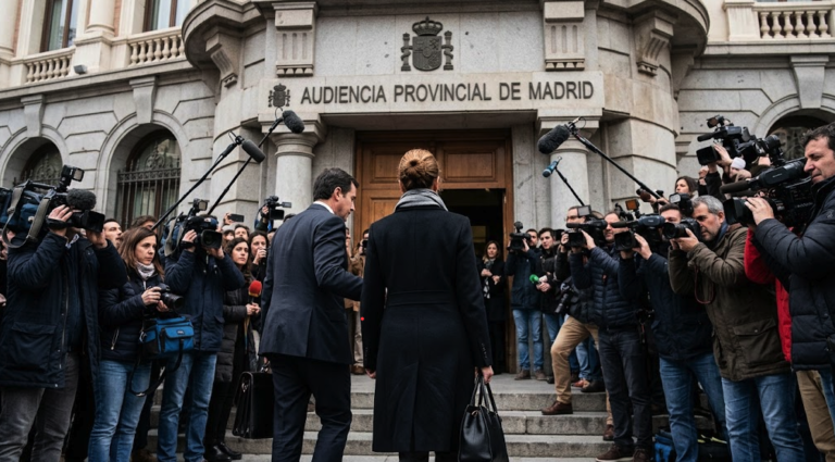 Ilustración sobre el juicio de Begoña Gómez por tráfico de influencias y malversación