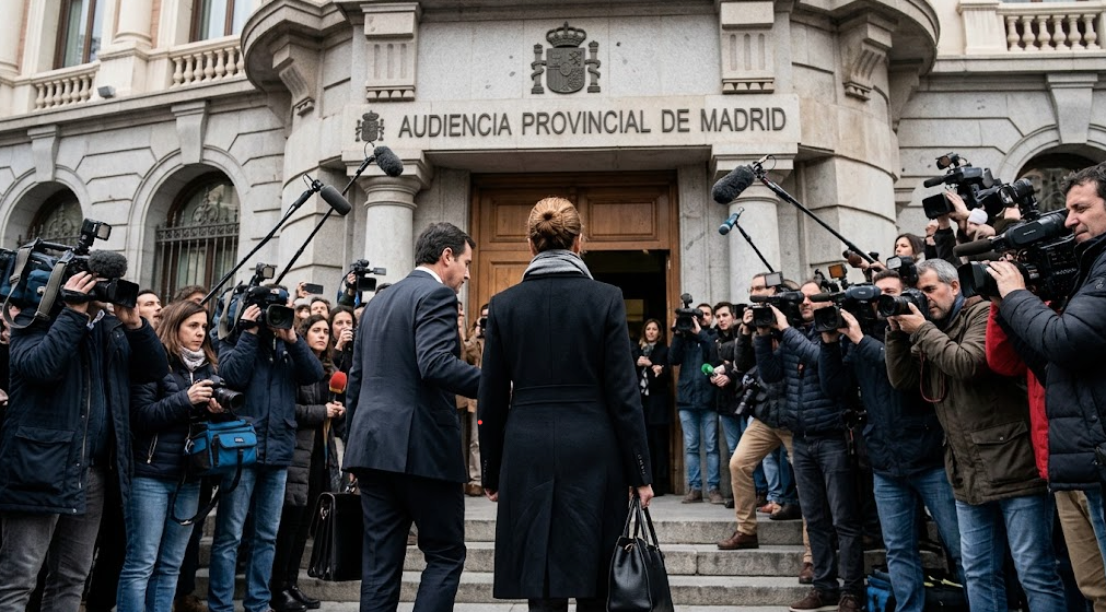 Ilustración sobre el juicio de Begoña Gómez por tráfico de influencias y malversación