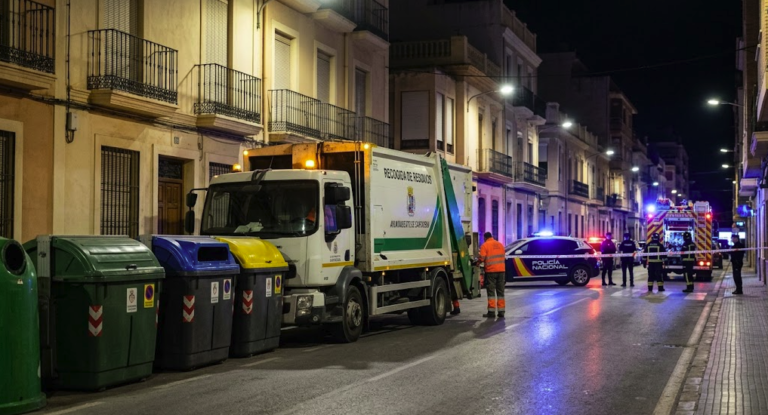 Camión de basura junto a contenedores en Cartagena tras un trágico suceso