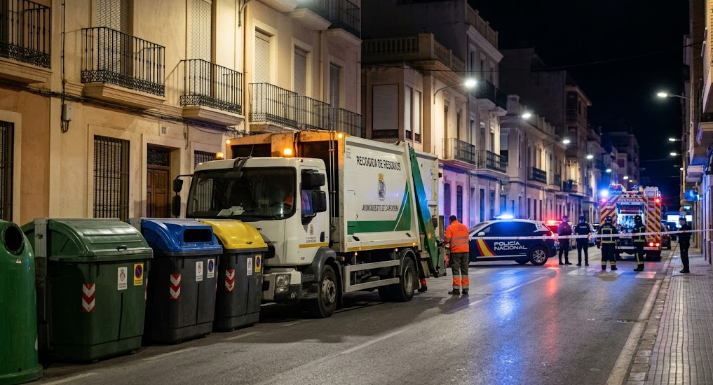 Camión de basura junto a contenedores en Cartagena tras un trágico suceso