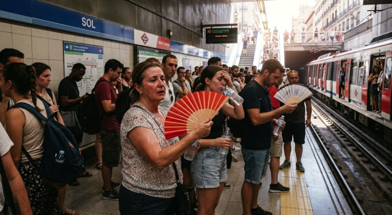 Pasajeros se protegen del calor durante una ola de calor en Madrid