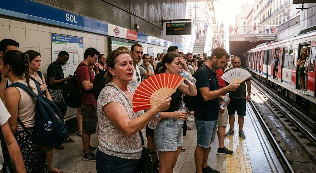 Pasajeros se protegen del calor durante una ola de calor en Madrid