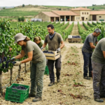 Trabajadores recogiendo uva durante la vendimia en un viñedo