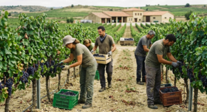 Trabajadores recogiendo uva durante la vendimia en un viñedo