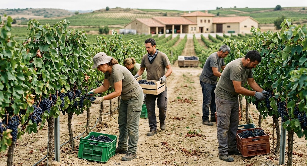 Trabajadores recogiendo uva durante la vendimia en un viñedo
