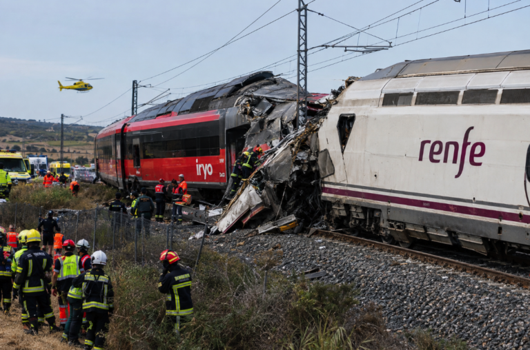 Ilustración generada con IA de un accidente ferroviario con dos trenes de alta velocidad y equipos de emergencia en una vía.