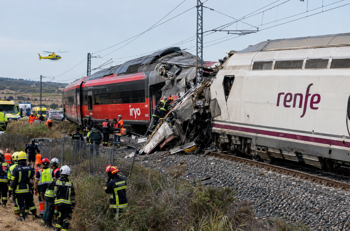 Ilustración generada con IA de un accidente ferroviario con dos trenes de alta velocidad y equipos de emergencia en una vía.