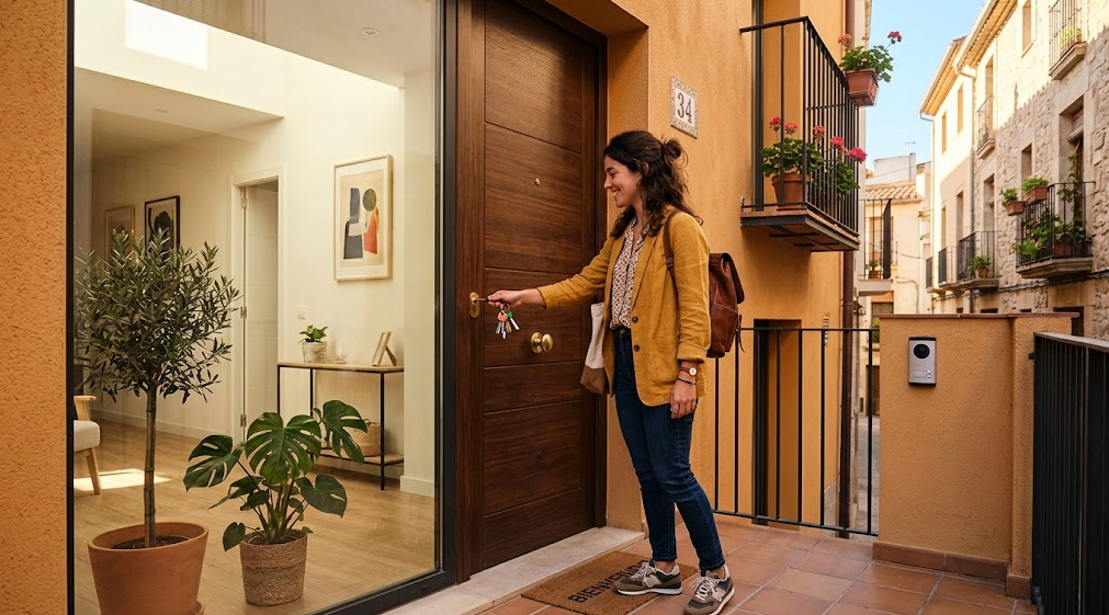 Joven abriendo la puerta de su piso en España representando la emancipación y ayudas a la vivienda