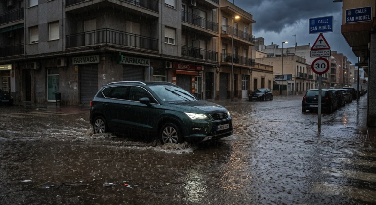 Vehículo circulando por una calle anegada tras lluvias torrenciales