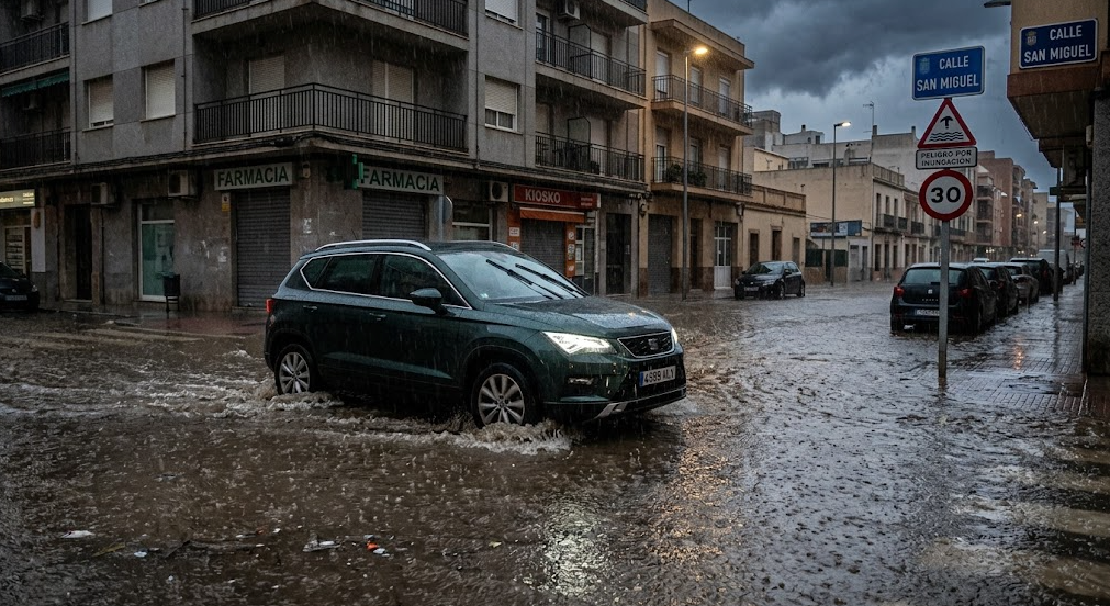 Vehículo circulando por una calle anegada tras lluvias torrenciales