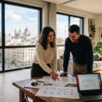 Pareja joven revisando documentos para comprar una vivienda en Madrid con impuestos reducidos.