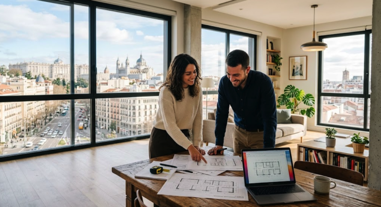 Pareja joven revisando documentos para comprar una vivienda en Madrid con impuestos reducidos.