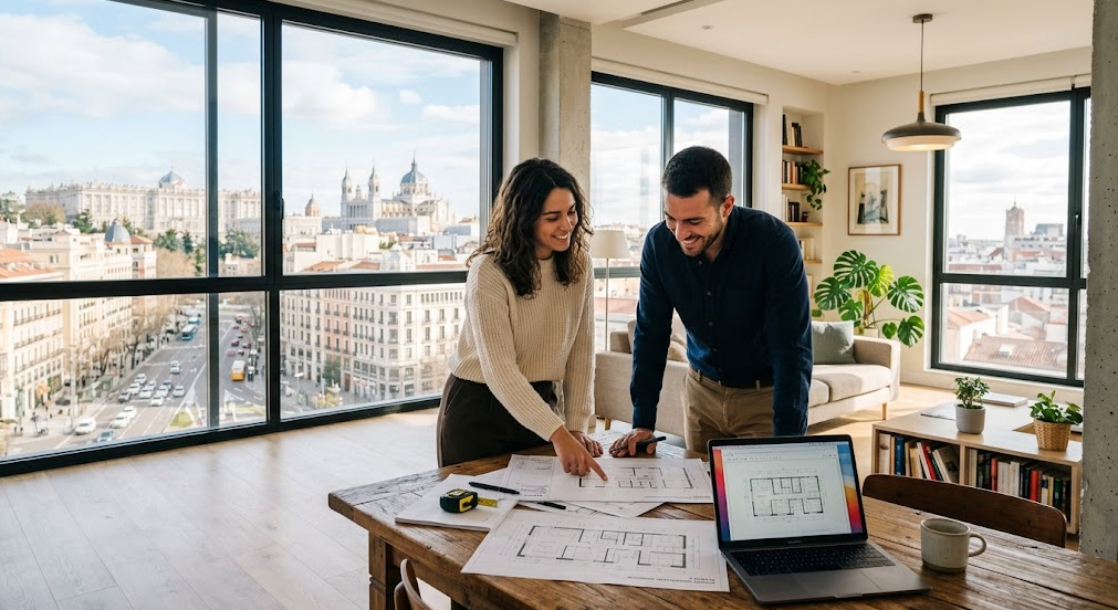 Pareja joven revisando documentos para comprar una vivienda en Madrid con impuestos reducidos.