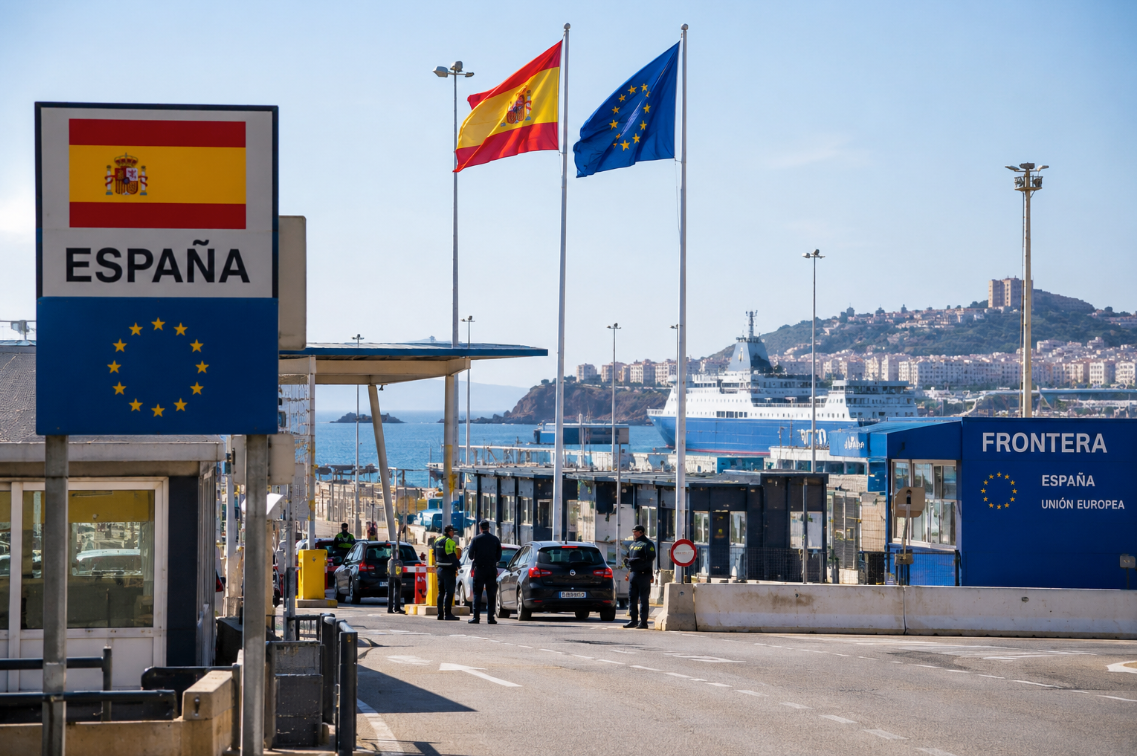 Control fronterizo en un puerto español con banderas de España y la Unión Europea, en el contexto de las medidas fronterizas entre España e Italia.