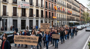 Manifestantes en Madrid reclaman viviendas asequibles durante la crisis inmobiliaria en España.