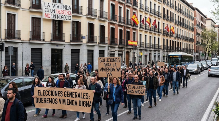 Manifestantes en Madrid reclaman viviendas asequibles durante la crisis inmobiliaria en España.