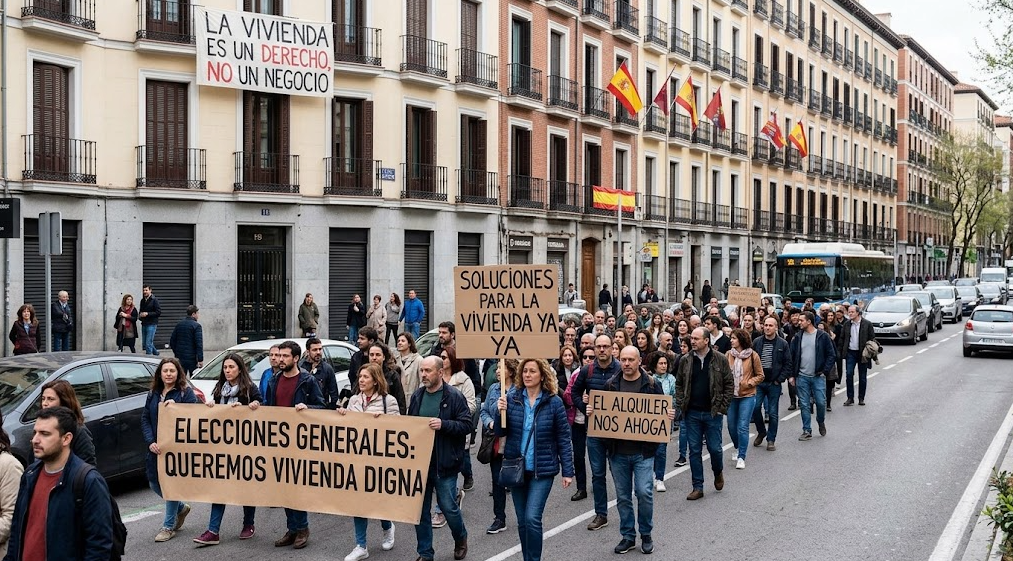 Manifestantes en Madrid reclaman viviendas asequibles durante la crisis inmobiliaria en España.