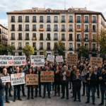 Manifestación pacífica por el acceso a la vivienda y el alquiler asequible en una plaza de Madrid.