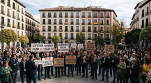 Manifestación pacífica por el acceso a la vivienda y el alquiler asequible en una plaza de Madrid.