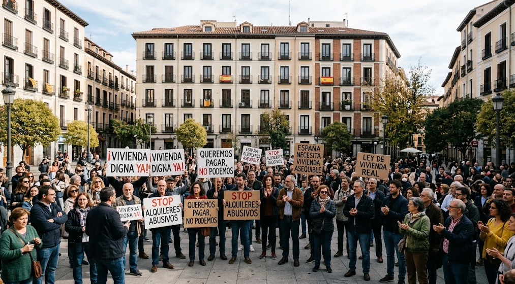 Manifestación pacífica por el acceso a la vivienda y el alquiler asequible en una plaza de Madrid.