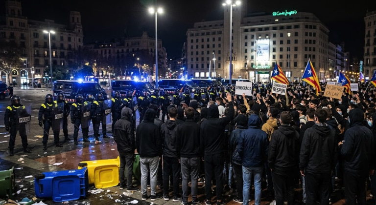 Protesta juvenil y presencia policial en la plaza de Catalunya de Barcelona durante la noche.
