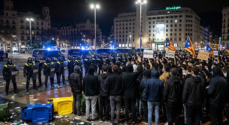 Protesta juvenil y presencia policial en la plaza de Catalunya de Barcelona durante la noche.