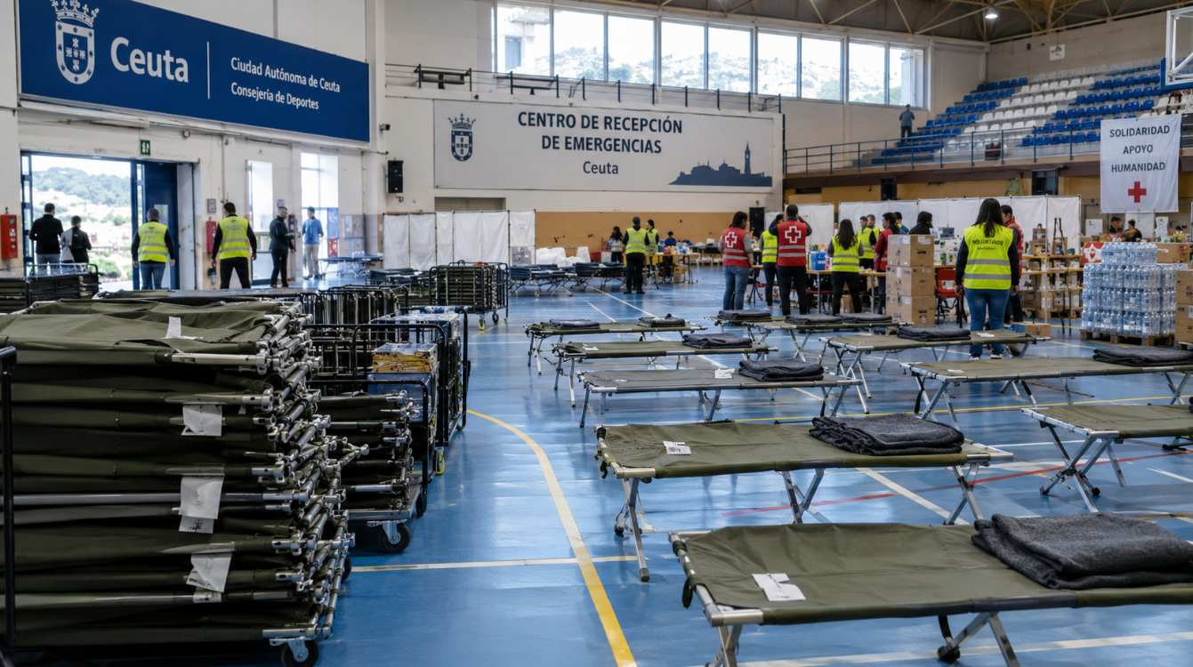 Instalaciones de acogida temporal para menores migrantes en el polideportivo El Príncipe Alfonso de Ceuta.