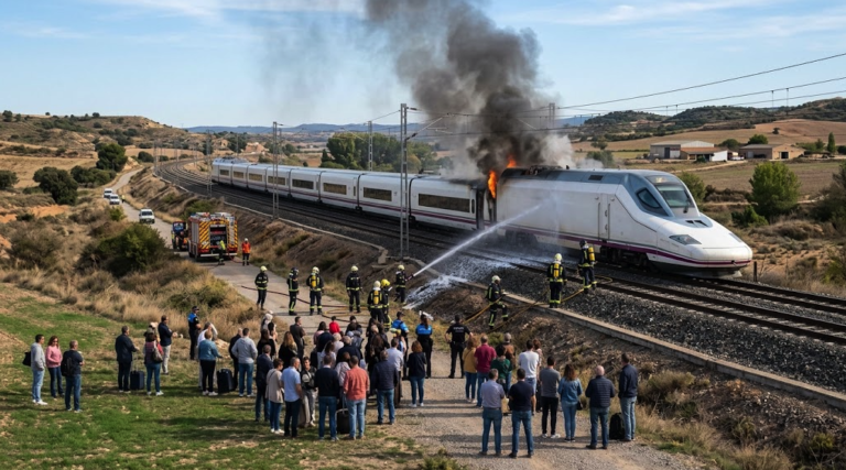 Tren de alta velocidad con humo y llamas en la zona trasera durante un incendio en Zaragoza.