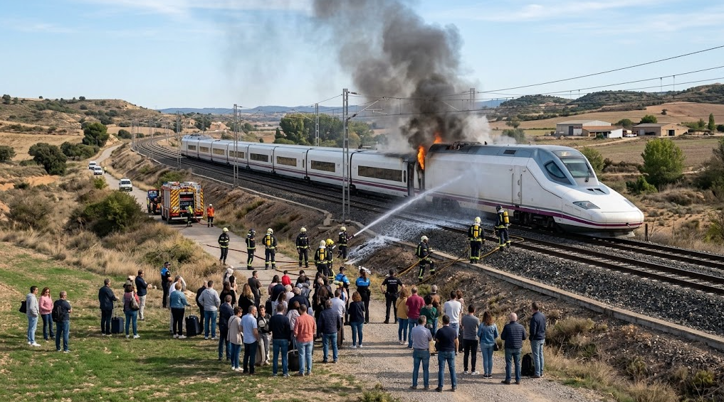 Tren de alta velocidad con humo y llamas en la zona trasera durante un incendio en Zaragoza.