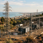 Instalaciones de transporte eléctrico de alta tensión rodeadas de vegetación en el litoral malagueño