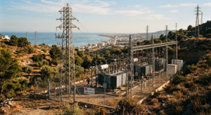 Instalaciones de transporte eléctrico de alta tensión rodeadas de vegetación en el litoral malagueño