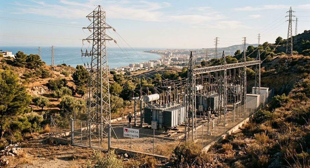 Instalaciones de transporte eléctrico de alta tensión rodeadas de vegetación en el litoral malagueño