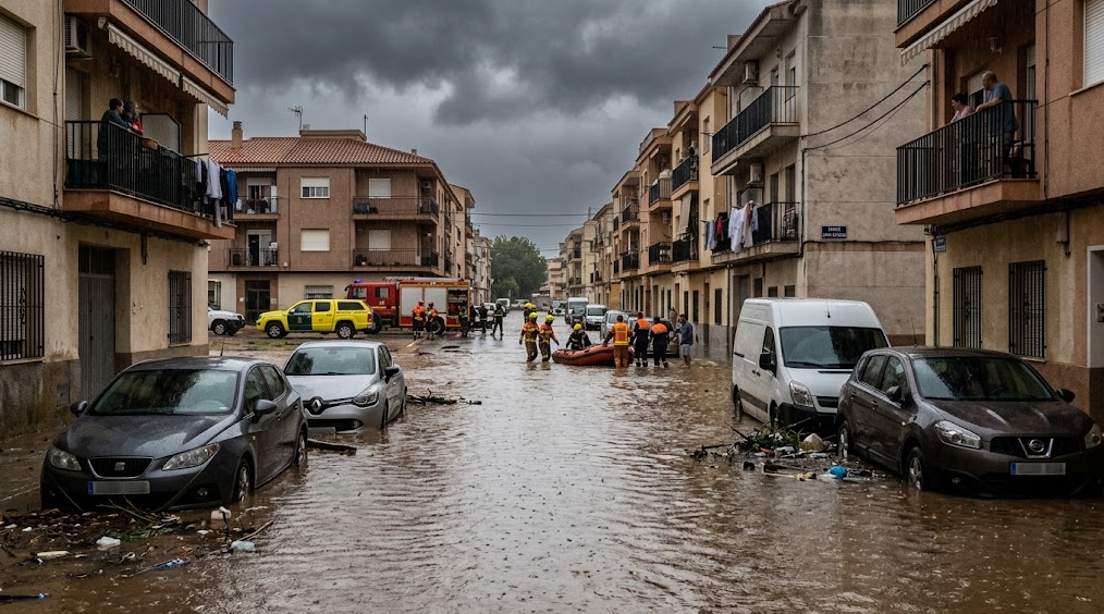 Inundaciones por lluvias torrenciales en la Comunidad Valenciana con calles anegadas y vehículos atrapados.