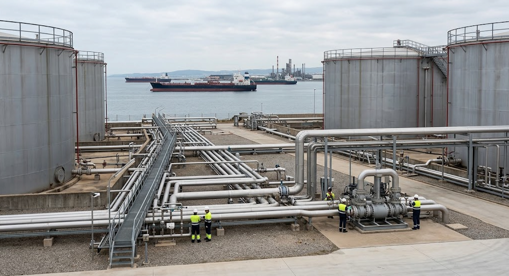 Depósitos de petróleo y tuberías en una instalación industrial de almacenamiento de crudo en España.
