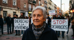 Retrato de Maricarmen, activista española por el derecho a la vivienda, en una manifestación en Madrid.