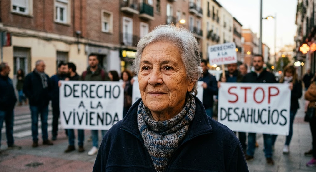 Retrato de Maricarmen, activista española por el derecho a la vivienda, en una manifestación en Madrid.
