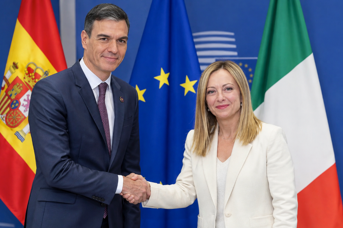 Pedro Sánchez y Giorgia Meloni ante las banderas de España, Italia y la Unión Europea, en referencia a las negociaciones sobre los controles fronterizos.