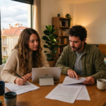 Pareja en el salón de su casa revisando su contrato de alquiler tras la nueva norma publicitaria en el BOE.