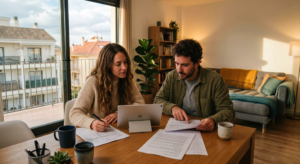 Pareja en el salón de su casa revisando su contrato de alquiler tras la nueva norma publicitaria en el BOE.