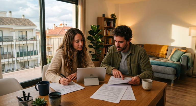 Pareja en el salón de su casa revisando su contrato de alquiler tras la nueva norma publicitaria en el BOE.