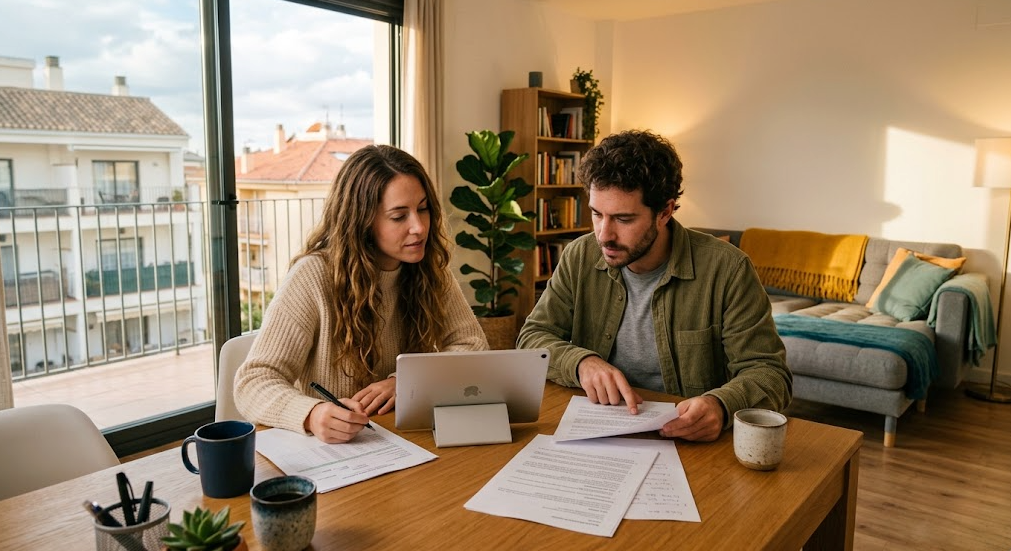 Pareja en el salón de su casa revisando su contrato de alquiler tras la nueva norma publicitaria en el BOE.