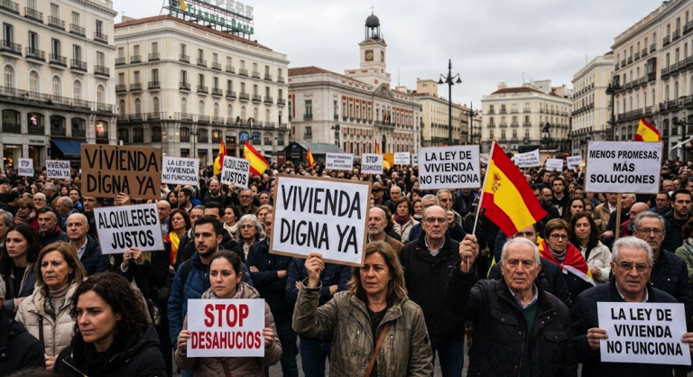 Protesta por la vivienda y los alquileres en la Puerta del Sol de Madrid