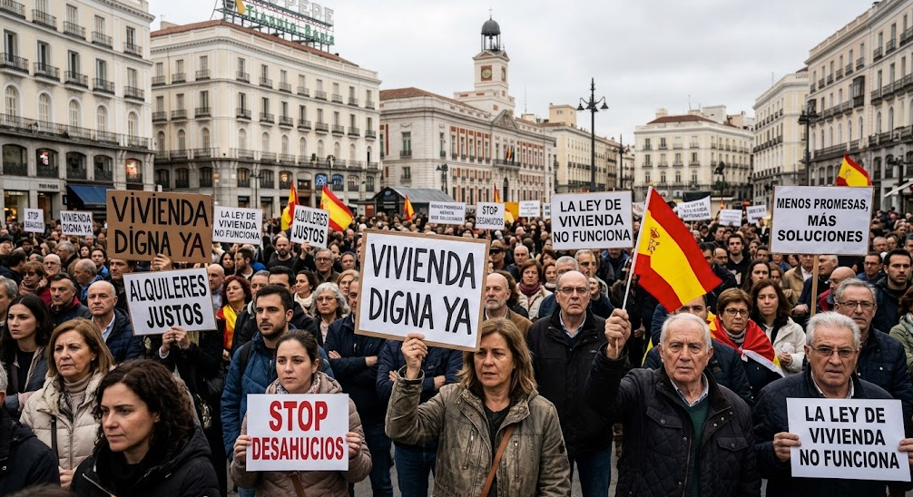 Protesta por la vivienda y los alquileres en la Puerta del Sol de Madrid