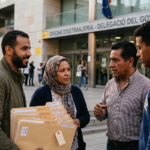 Personas tramitando documentación sobre el proceso de regularización extraordinaria de migrantes en España.