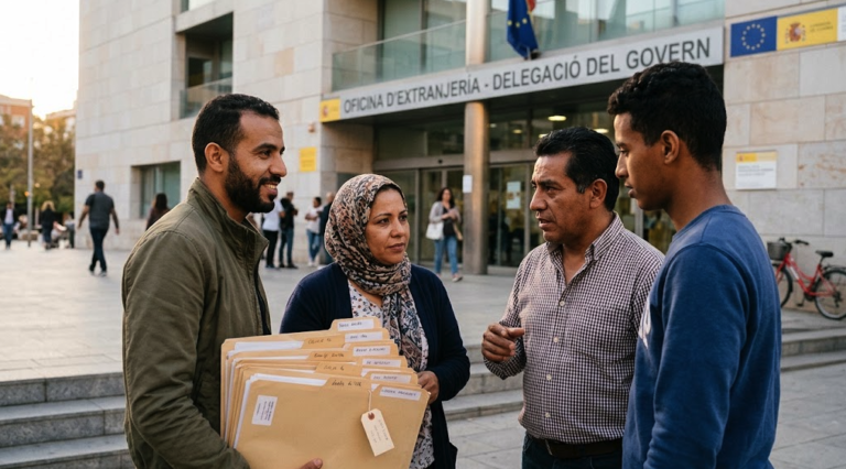 Personas tramitando documentación sobre el proceso de regularización extraordinaria de migrantes en España.