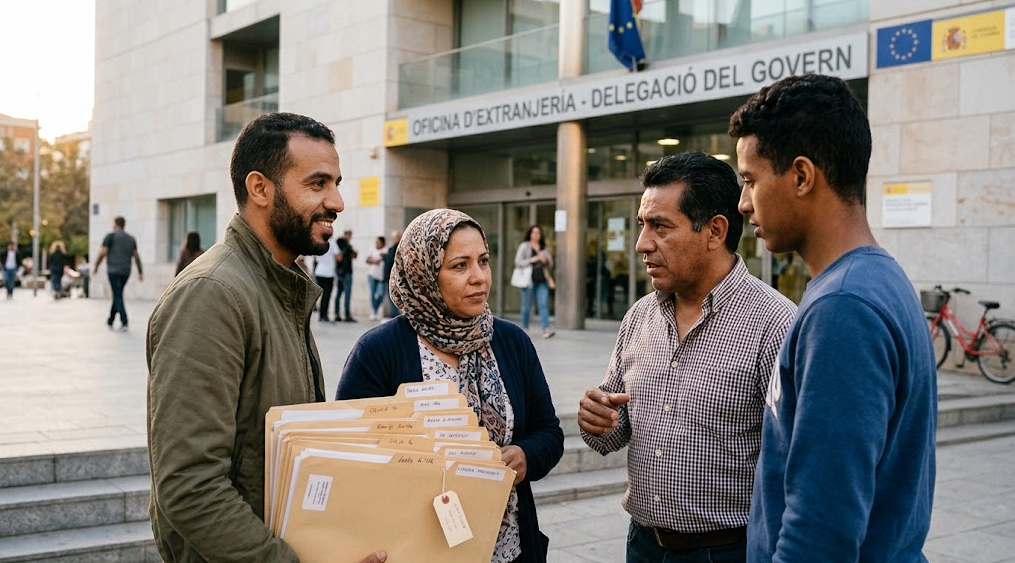 Personas tramitando documentación sobre el proceso de regularización extraordinaria de migrantes en España.