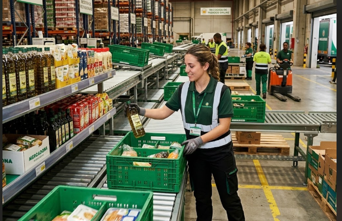 Trabajadora de Mercadona preparando un pedido en la zona de picking de un centro logístico